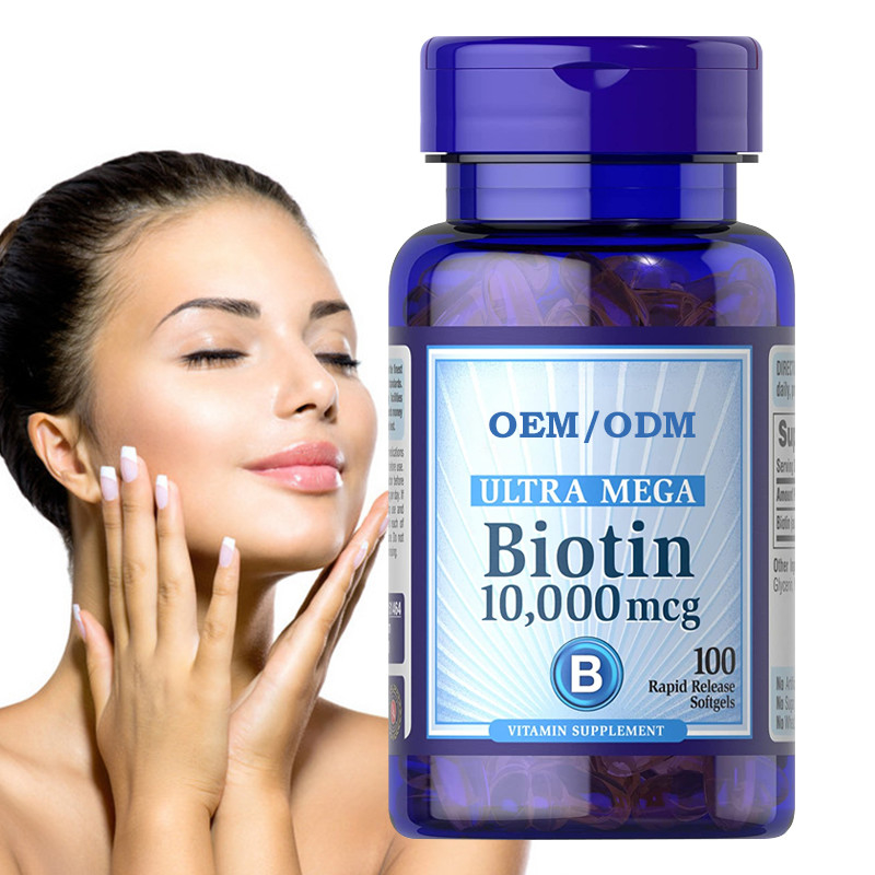 OEM Cilt Bakımı Biotin Vitamin Sakızları Saç Derisi Ve Tırnakları Yeniden Büyüme 10000 Mcg Softgels 100 Sayı