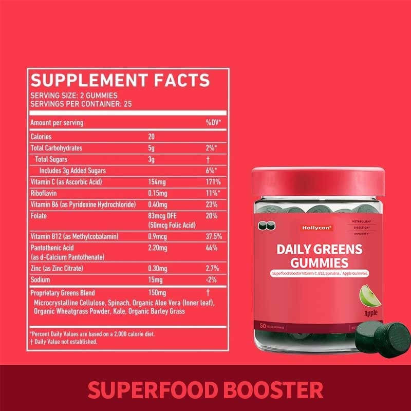 2024 Yeni Giriş Gündelik Yeşillik Sakızları Süper Yiyecek Güçlendirici C Vitamini B12 Spirulina Elma Sakızları
