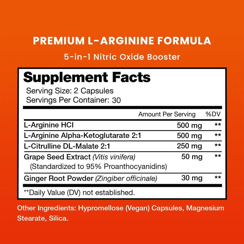 OEM Premium L Arginine Takviyesi L-Arginine Tozu & L Citrulline Üzüm Tohumu & Zencefil ile Geliştirilmiş
