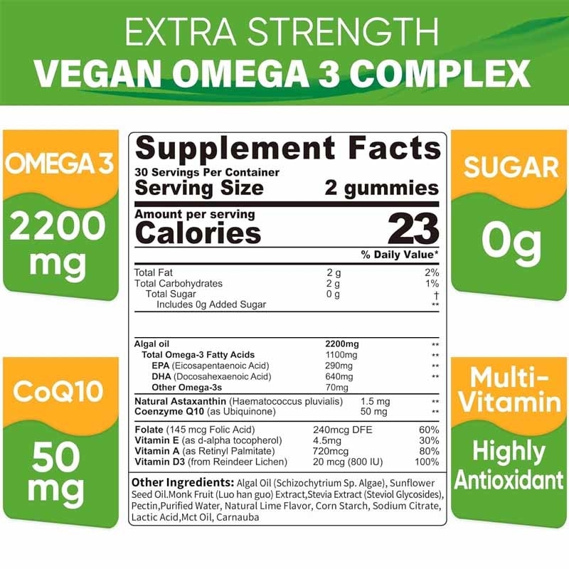 OEM Desteği DHA Beyin Göz Eklemleri için Vitamin E A D3 alglar Omega-3 2200mg Sakızlar