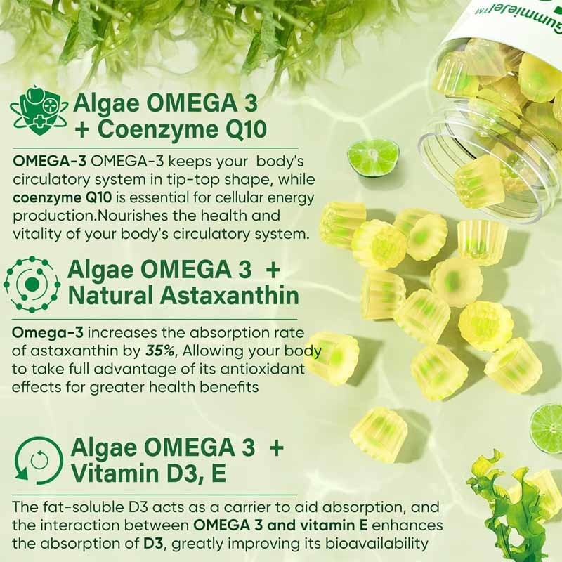 OEM Desteği DHA Beyin Göz Eklemleri için Vitamin E A D3 alglar Omega-3 2200mg Sakızlar