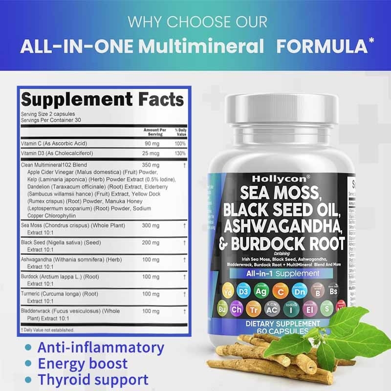 OEM Ashwagandha Zerdeçal C Vitamini D3 Yetişkinler İçin Deniz Mosu Siyah Tohum Yağı Kapsülleri