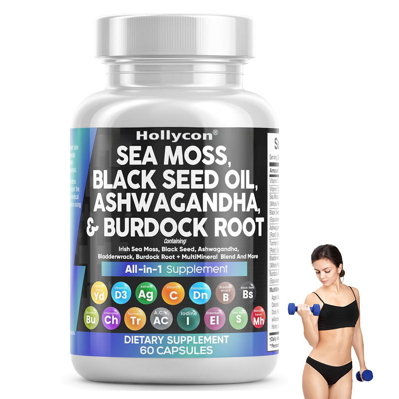 OEM Ashwagandha Zerdeçal C Vitamini D3 Yetişkinler İçin Deniz Mosu Siyah Tohum Yağı Kapsülleri