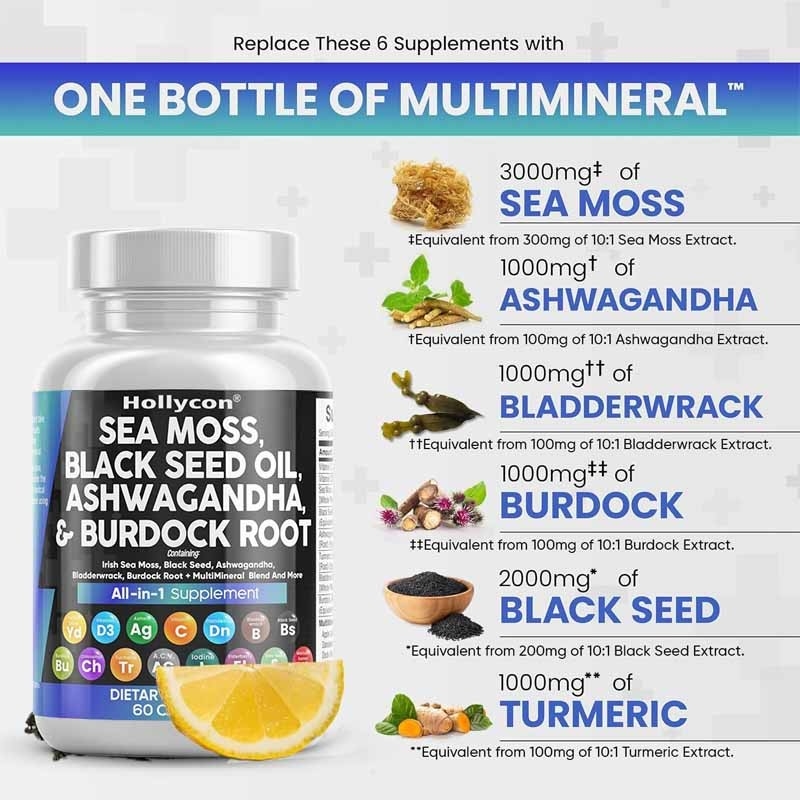 OEM Ashwagandha Zerdeçal C Vitamini D3 Yetişkinler İçin Deniz Mosu Siyah Tohum Yağı Kapsülleri