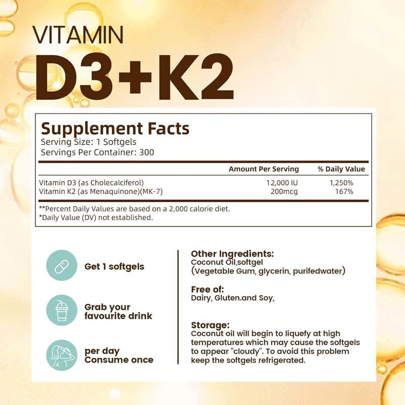 OEM Kalsiyum Emimi Kemik Bağışıklık ve Kalp Sağlığı D3 K2 Vitamin Hindistan cevizi yağı Softgels