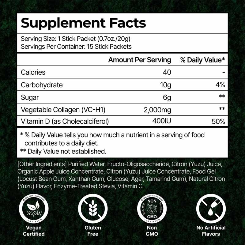 Sağlıklı kemikleri desteklemek için 400 IU D3 vitamini olan vegan kolajen jöle çubukları