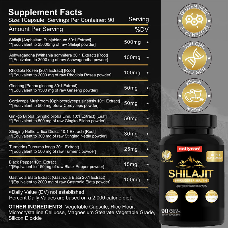 Bağışıklık Desteği İçin Saf Himalaya Organik Shilajit Takviyesi 25000mg Shilajit Kapsülleri