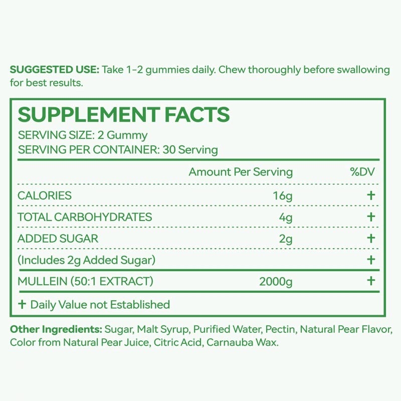Akciğerler için Premium Mullein Yaprak Ekstraksi 2000mg Mullein Gummies Akciğerler Detox Solunum Sindirim Bağışıklık Desteği