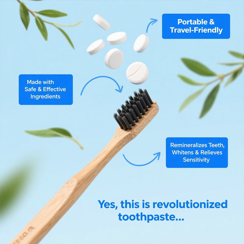 Fabrika yapılmış diş macunu tabletleri, probiyotikli nano hidroksiapatit, florür ve plastiksiz, eko ve seyahat dostu boyutu, çiğnenebilir diş macunu sekmelerini, özel formül