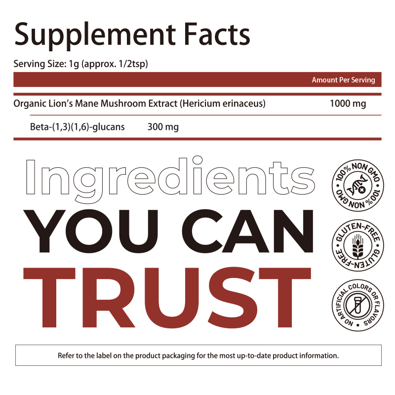 Bilişsel Destek için %100 Meyve Gövdesi Ekstresi ve %30 Beta-Glukan İçeren Organik Aslan Yelesi Takviyesi Tozu - Torba Başına 150 gram