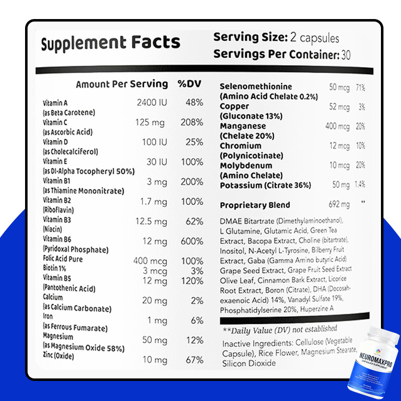 Brain and Memory Support Capsules Supplement Support Advanced Health & Wellness Multivitamin Neuromax Pro Brain and Memory Capsules Vegan, GMO, supports memory, focus, and cognitive clarity 