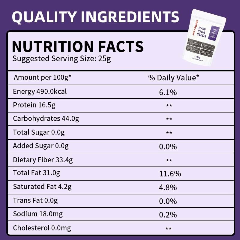 OEM / ODM Chia Tohumu 500g, 1'li Paket I Yemek İçin Tohumlar | Kilo Yönetimi İçin Tohumlar | Kalsiyum, Protein ve Lif Açısından Zengin, İlave Şeker Yok, özel Formül