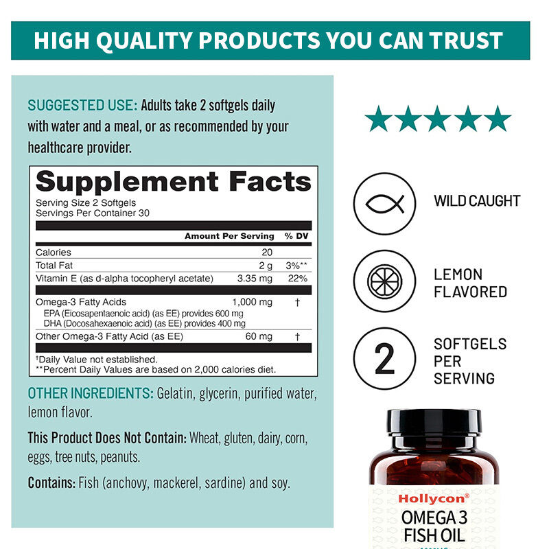 OEM Omega 3 Takviyesi 1000mg Porsiyon Başına 600 EPA & 400 DHA ve E Vitamini Desteği ile Kalp ve Beyin Sağlığı İçin Omega 3 Balık Yağı