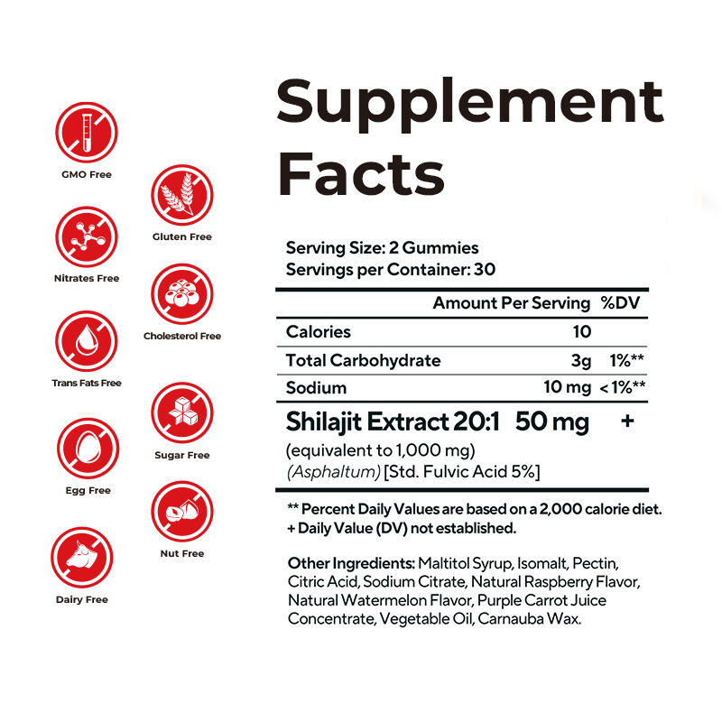 Özel Etiket Shilajit Erkekler için Sakızlar Fulvik Asit Şekersiz Takviye Normal Enerji Seviyelerini ve Bağışıklık Fonksiyonunu Korur