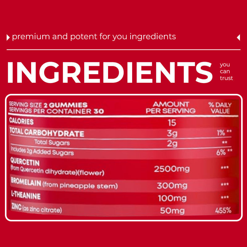 Özel Etiket Bromelain L-teanin Çinko Takviyesi Çocuklar için Vegan Takviyeleri Yetişkinler Quercetin Sakızları