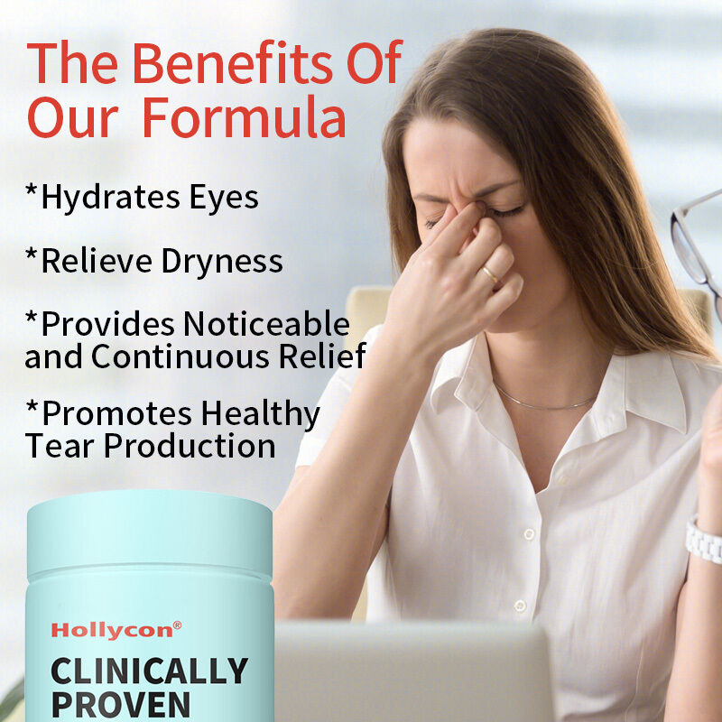 OEM Klinik olarak kanıtlanmış takviye Uzun süreli rahatlama için iç gözleri nemlendirmek için kuru gözler Kuraklık göz bakım takviyesi