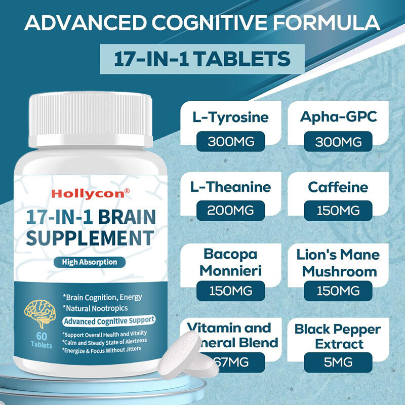 OEM 17'de 1 Beyin Tabletleri Hafıza ve Odaklanma Doğal Nootropics Beyin Takviyesi L-Teanin Biliş Enerji Beyin Takviyesi